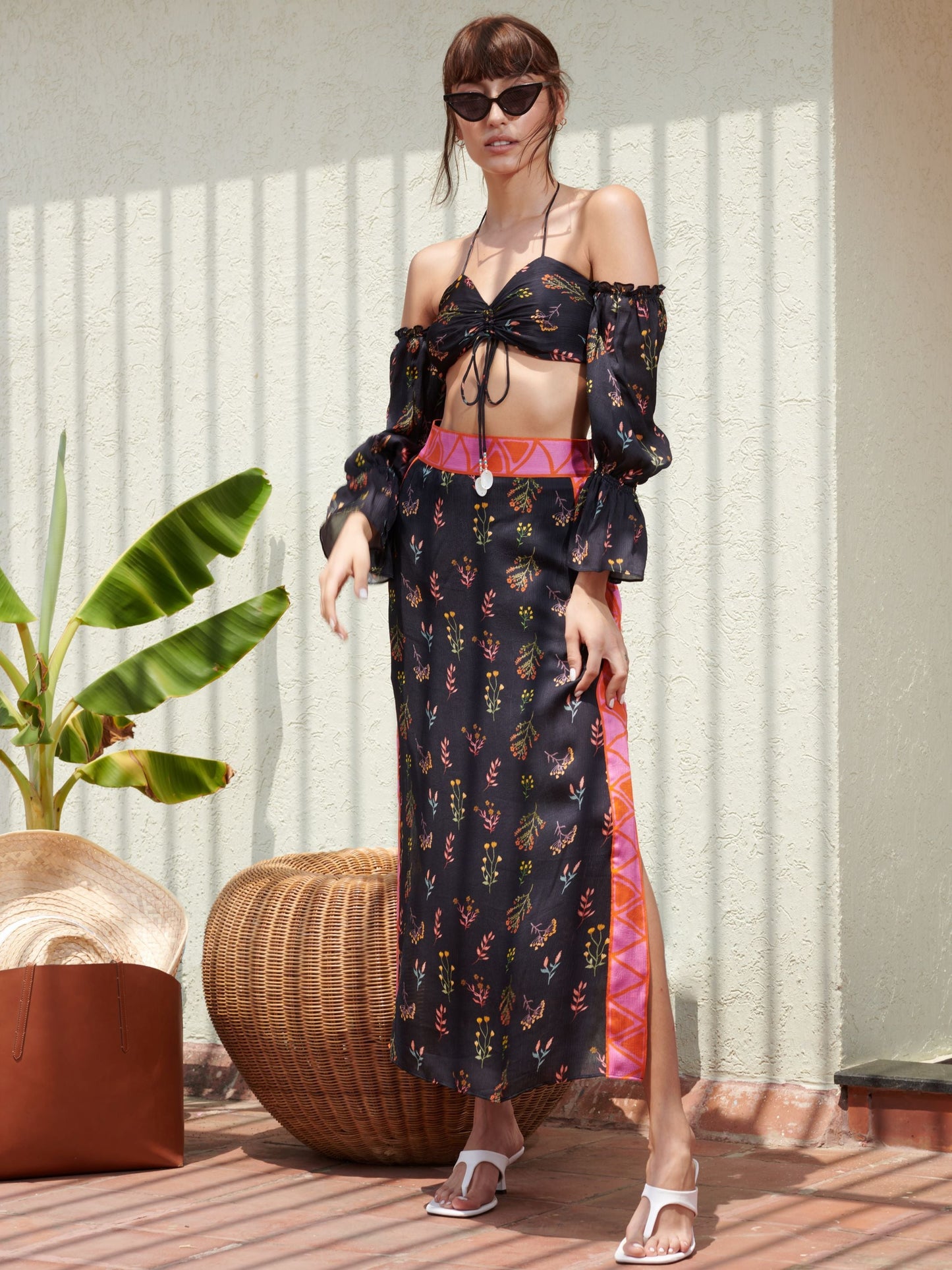 Moana Ruched Bustier & Scarf Sarong Skirt set(BLACK)