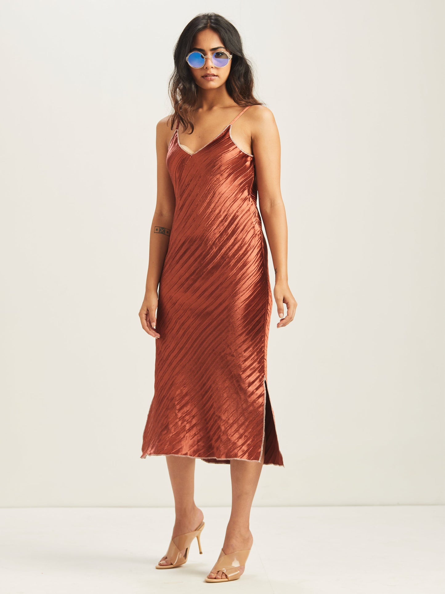 Hayat Pleated Bias Slip Dress - Rust