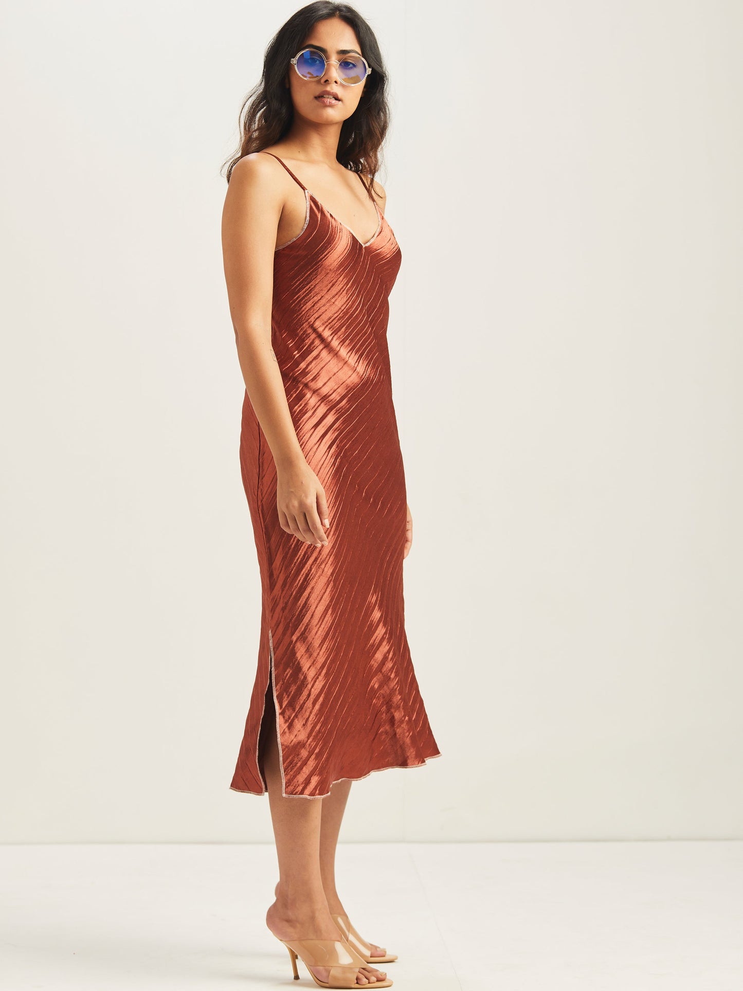 Hayat Pleated Bias Slip Dress - Rust