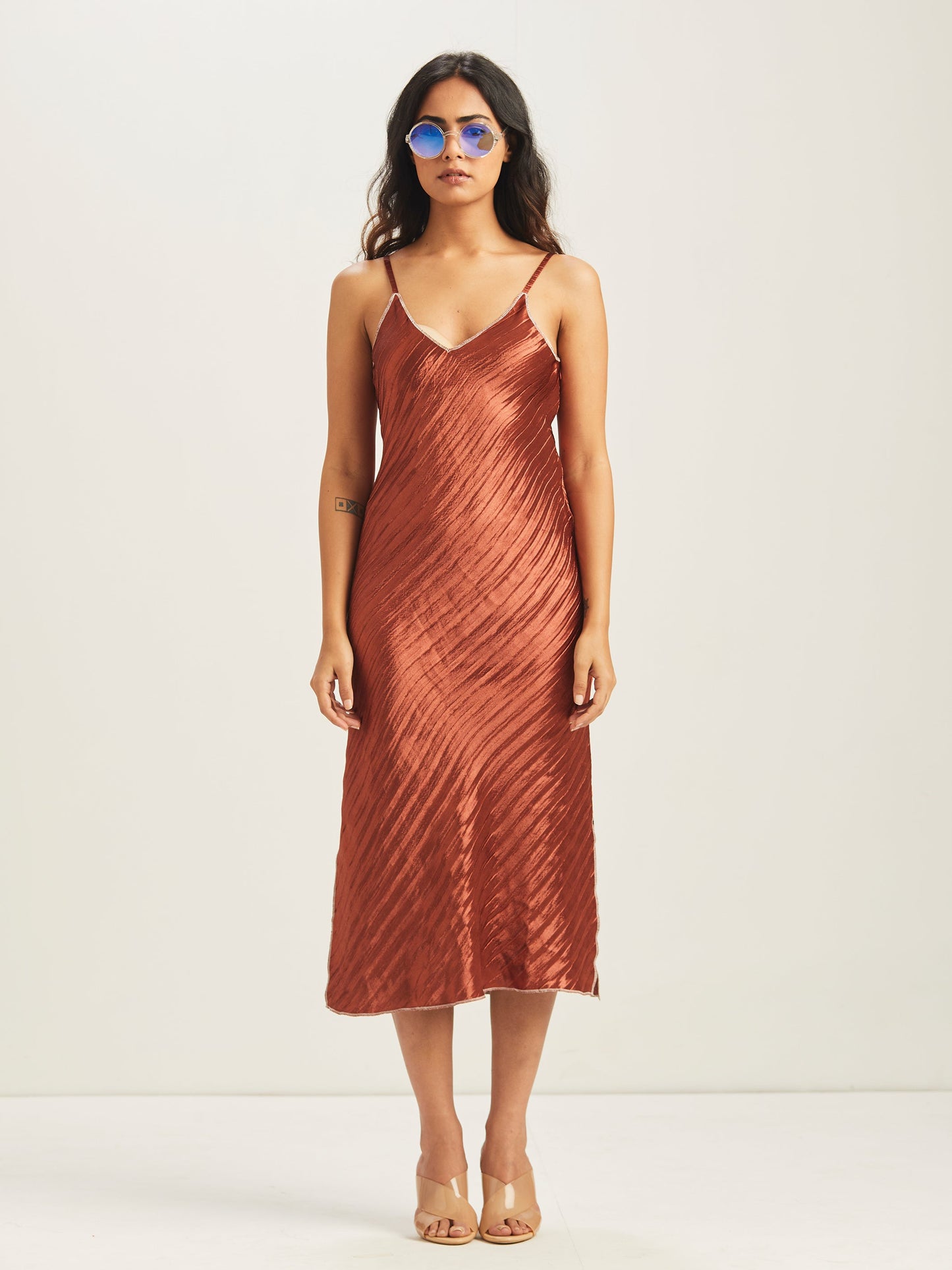 Hayat Pleated Bias Slip Dress - Rust